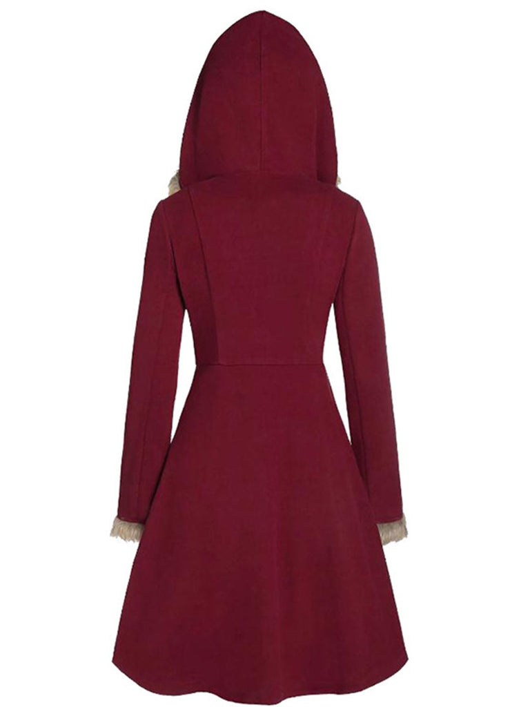 Weinrot 1950er Solide Schnalle Fell Getrimmt Mantel