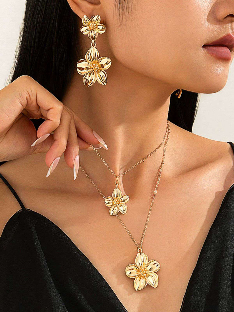 Blumen Doppelte Schlüsselbeinkette & Ohrringe Set