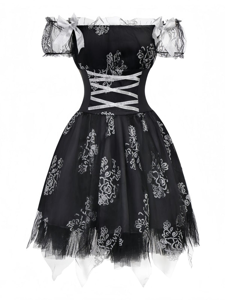 Schwarz 1970er Vampirbraut Schulterfrei Netz Kleid