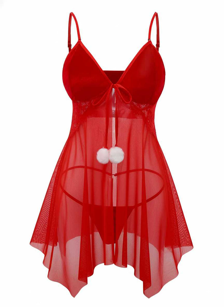 Rot 1970er Sheer Babydoll Unterwäsche Set Mit Pompon