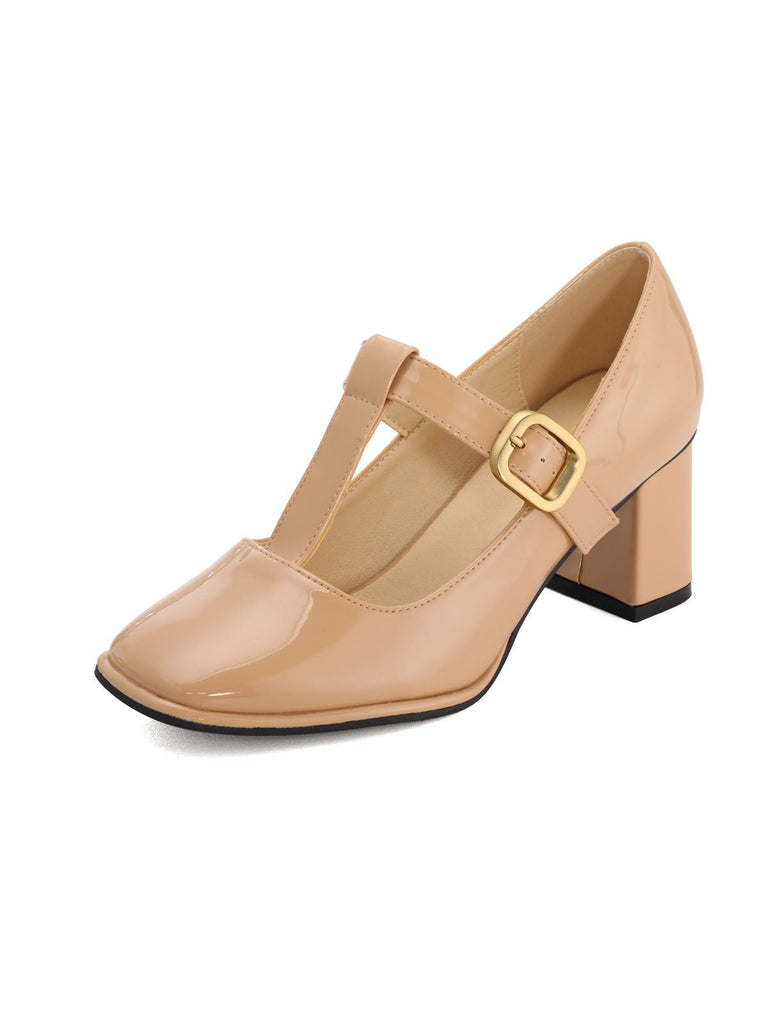 Beige Lackleder Mary Jane Blockabsatz Schuhe