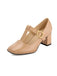 Beige Lackleder Mary Jane Blockabsatz Schuhe