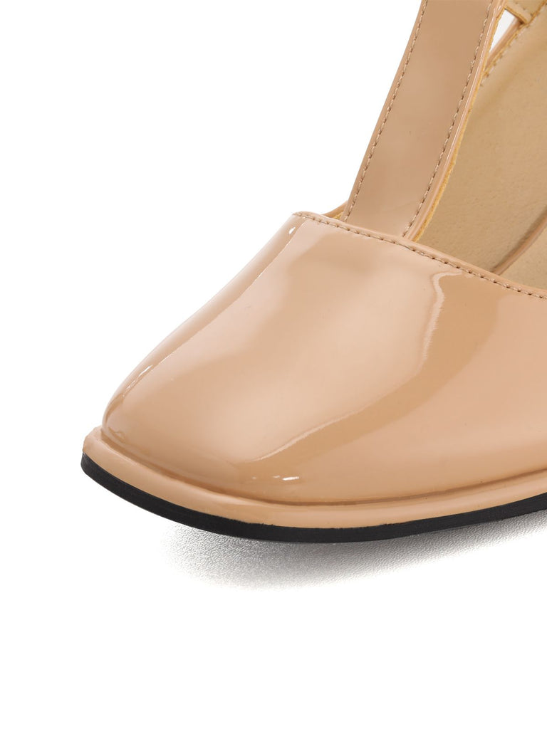 Beige Lackleder Mary Jane Blockabsatz Schuhe