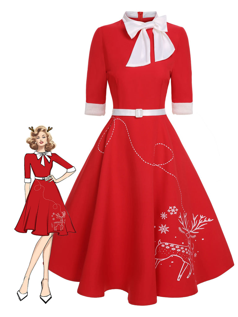 Rot 1950er Elch Bogen Patchwork Gürtel Kleid