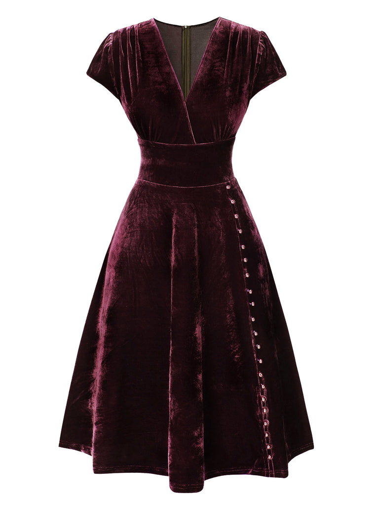 Rot 1940er Tief V-Ausschnitt Perle Samt Kleid