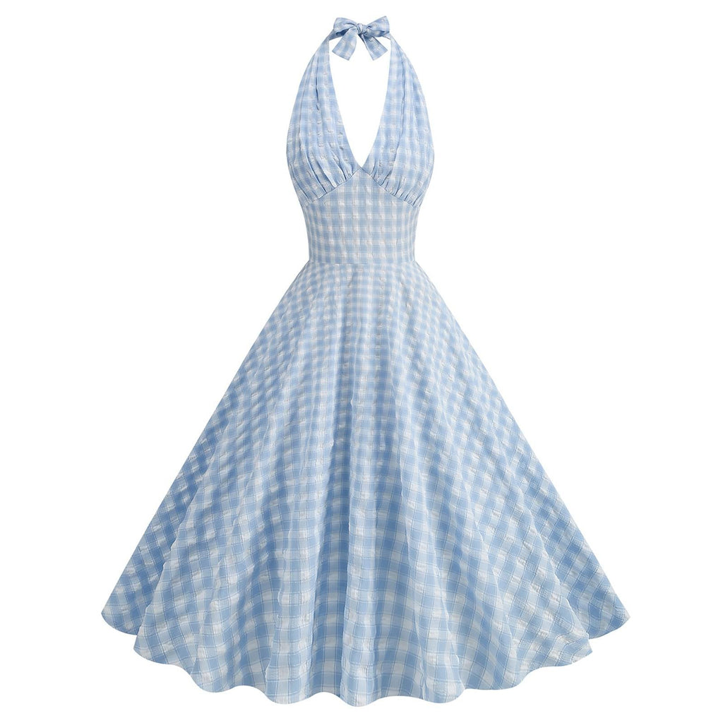 Blau 1950er Halter Plaid Swing Kleid