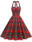 Rot 1950er Halter Weihnachten Plaids Ärmellos Kleid