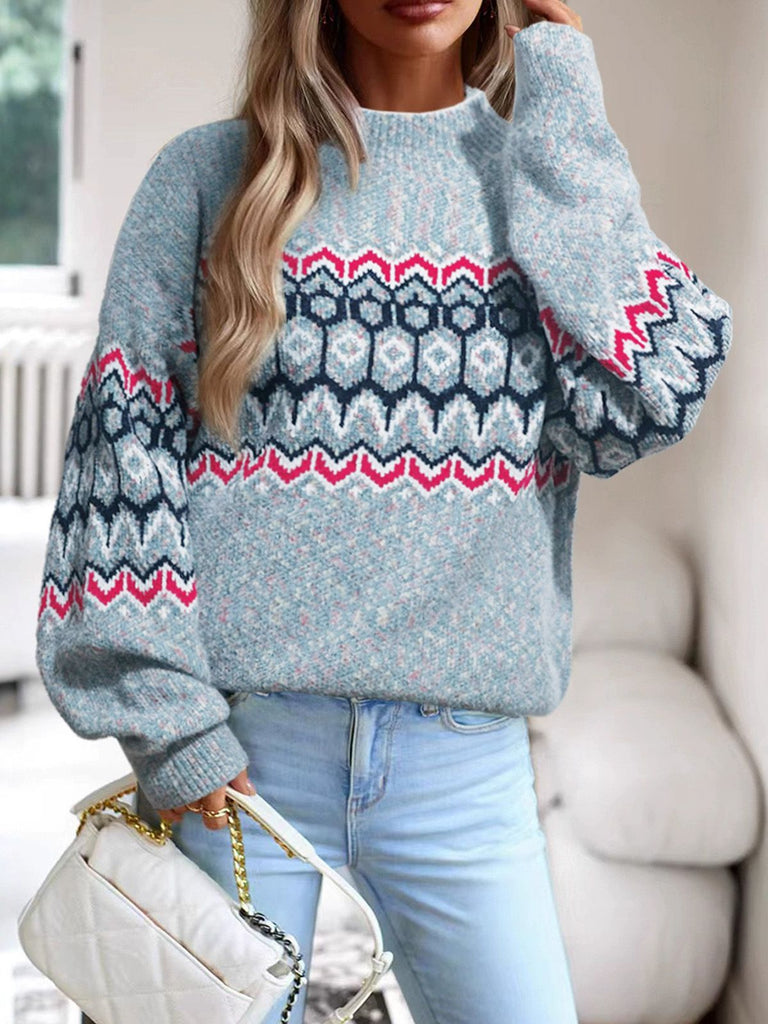 Blau 1940er Unregelmäßiger Druck Weihnachten Pullover