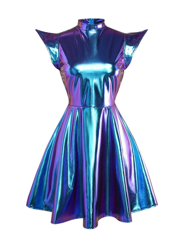 Schwarz 1980er Metallisch Futuristisch Party Mini Kleid