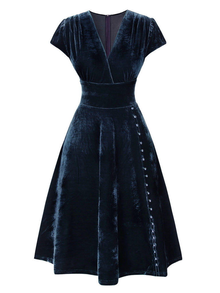 Rot 1940er Tief V-Ausschnitt Perle Samt Kleid
