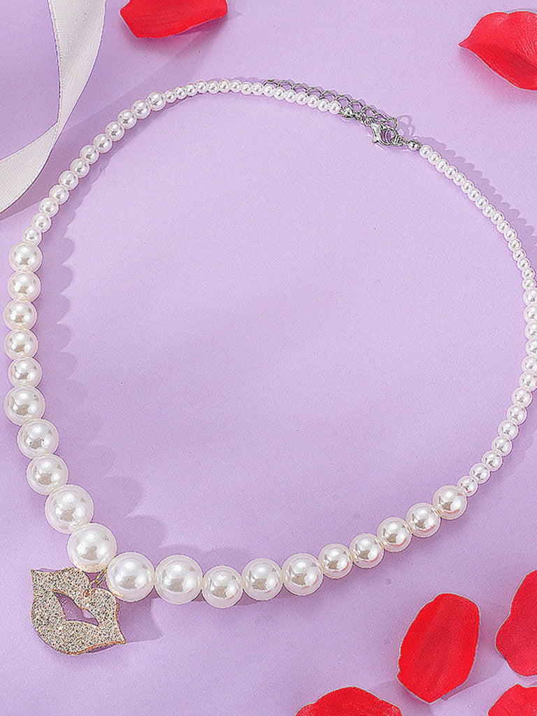 Lippen Anhänger Perle Vintage Halskette