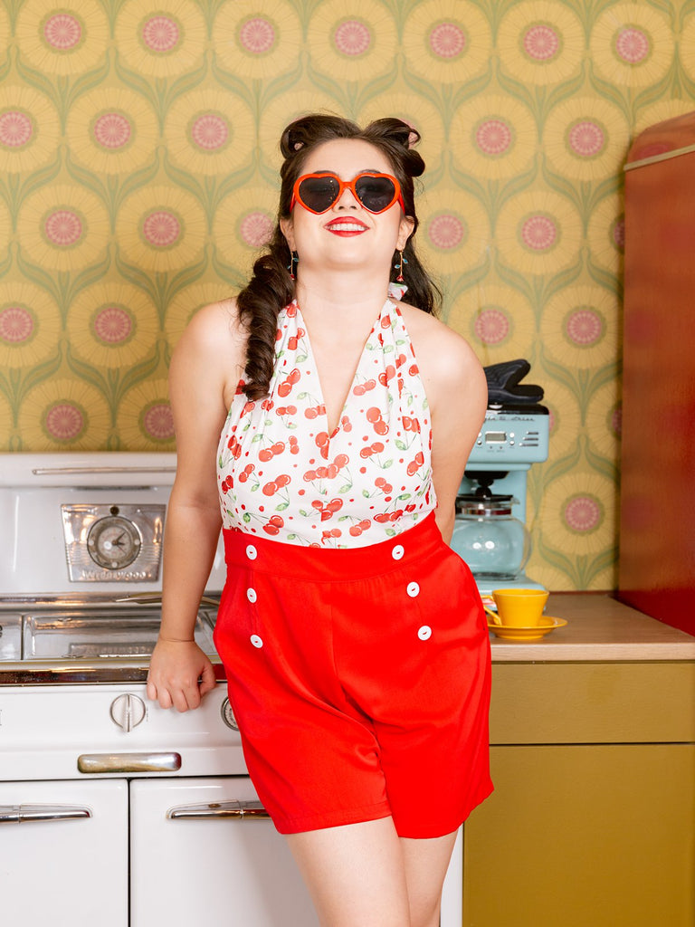 Rot 1950er Kirsche V-Ausschnitt Halter Schnürschuh Romper