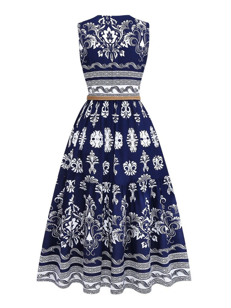 1970er Boho V-Ausschnitt Taste Gürtel Kleid