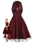 Dunkelrot 1950er Tupfen Netz Swing Kleid
