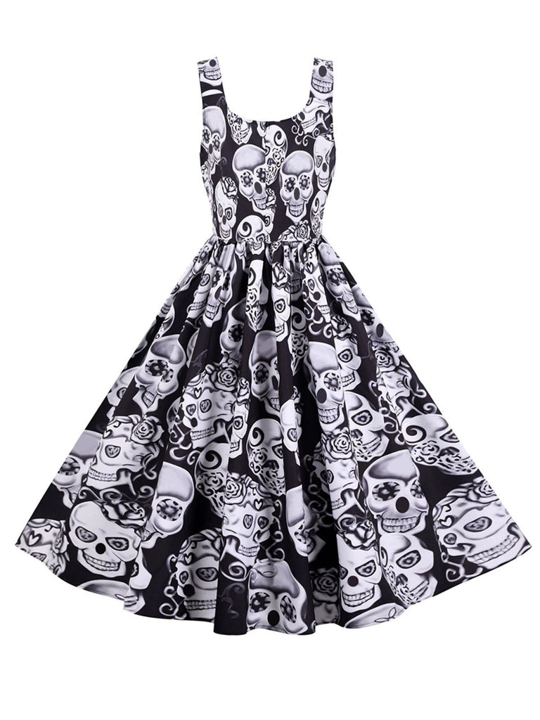 1950er Halloween Schädel Ärmellos Swing Kleid