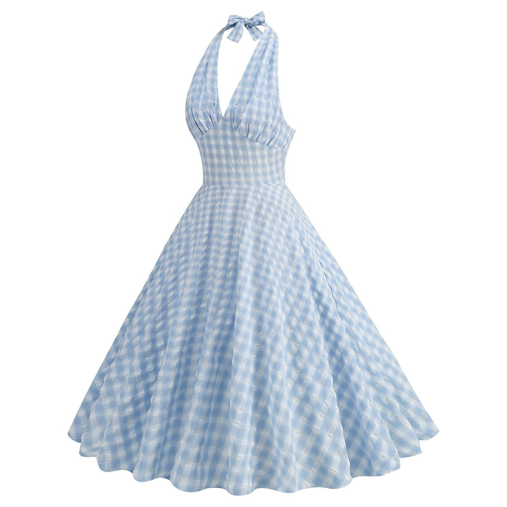 Blau 1950er Halter Plaid Swing Kleid