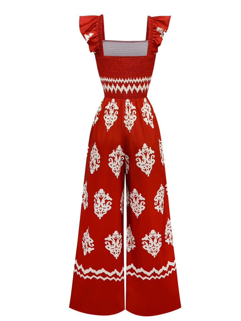 1970er Boho Geometrisch Quadratischer Hals Jumpsuit