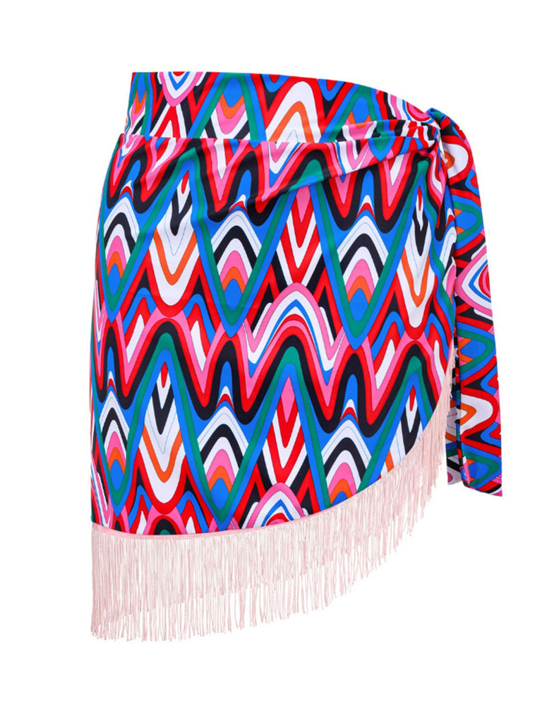 2PCS 1970er Fransendruck Schnürung Halter Bikini Set & Cover-Up