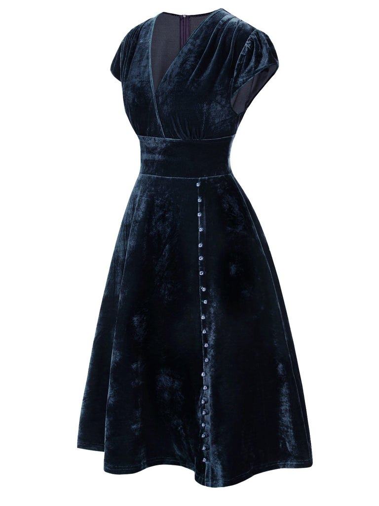 Rot 1940er Tief V-Ausschnitt Perle Samt Kleid
