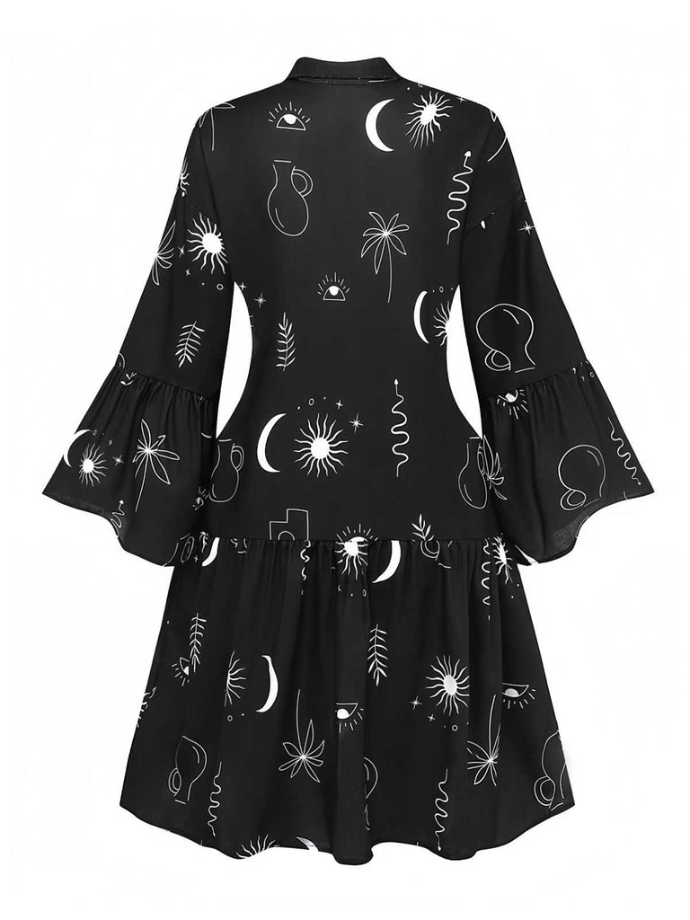 Schwarz 1970er Sonne & Mond Ausgestellte Ärmel Hemd Kleid