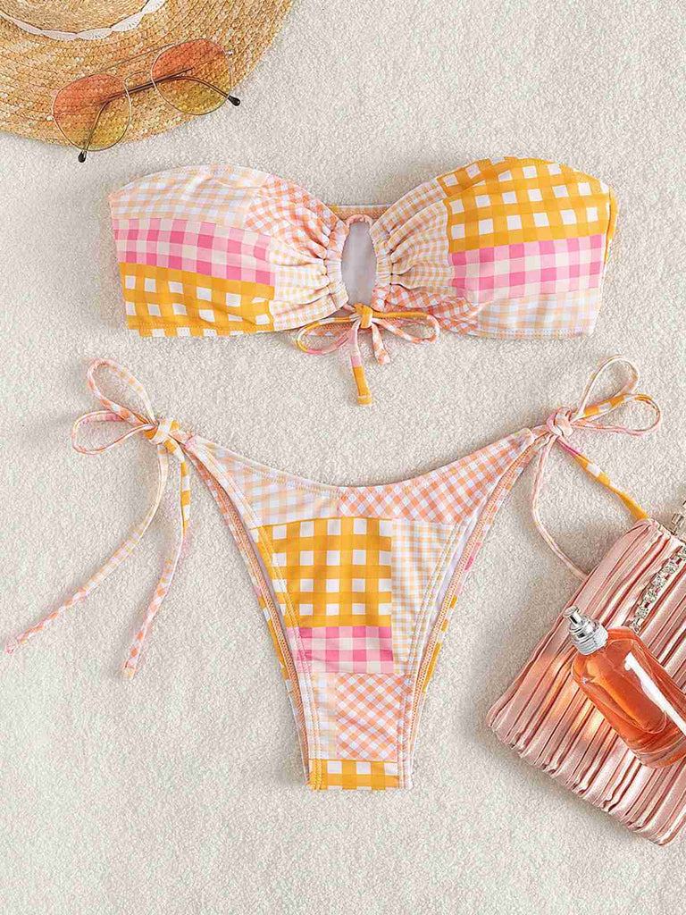 Rosa 1970er Gingham Plaid Bandeau Bikini Set