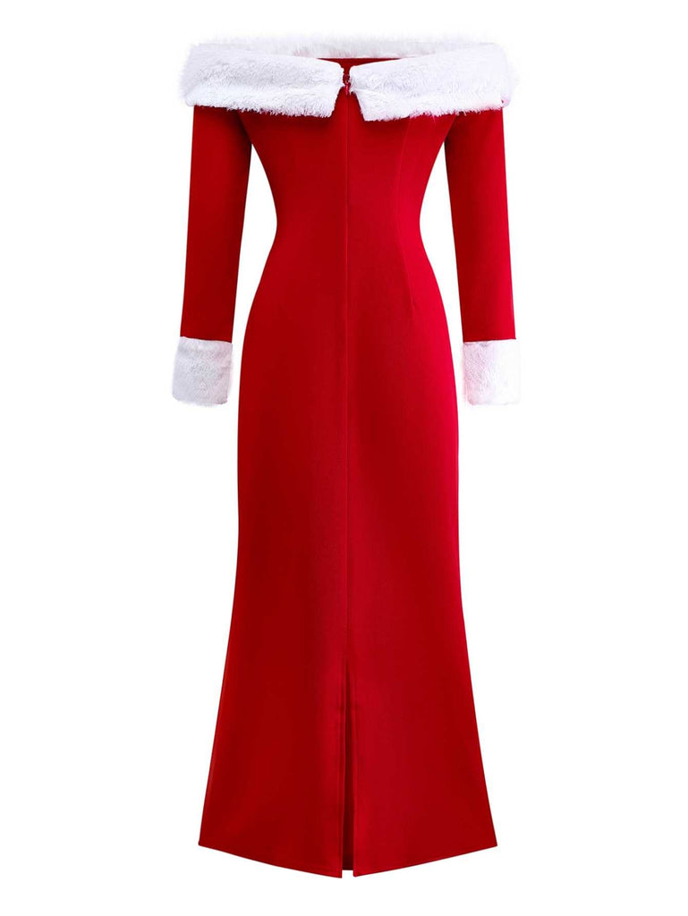 1930er Schulterfrei Kunstpelzbesatz Weihnachten Kleid