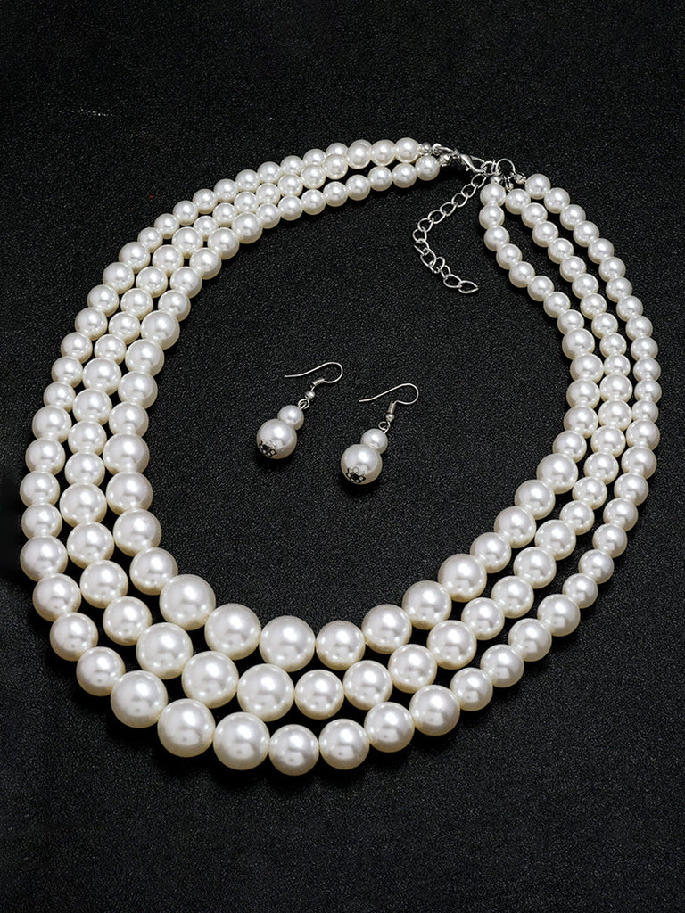 Vintage Mehrreihige Perle Halskette & Ohrring Set