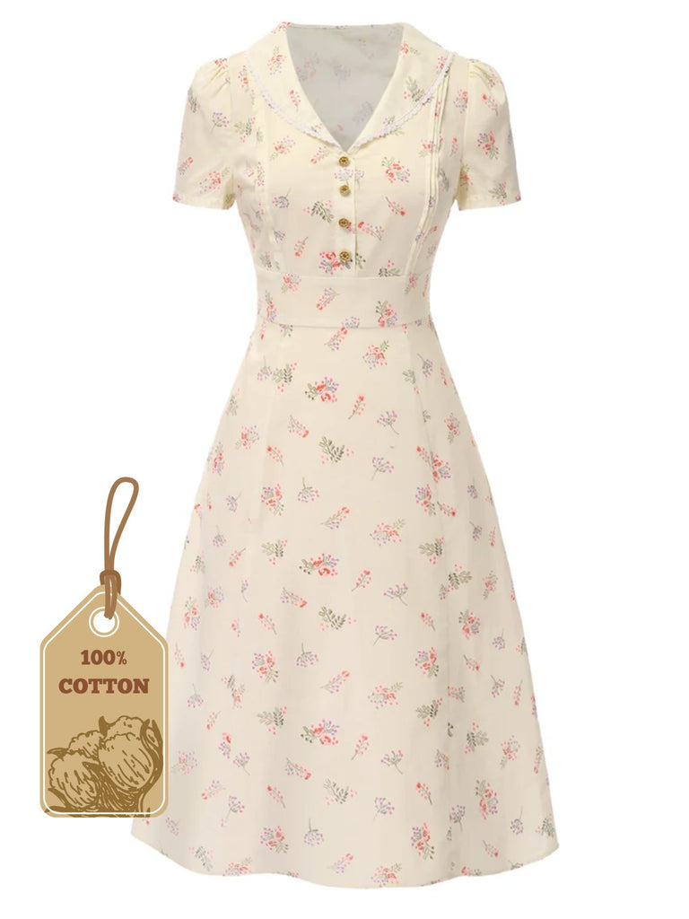 Beige 1940er Baumwolle Puffärmel Revers Blumen Kleid