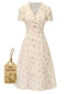 Beige 1940er Baumwolle Puffärmel Revers Blumen Kleid