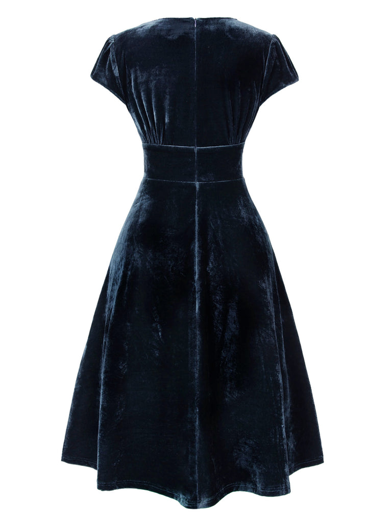 Rot 1940er Tief V-Ausschnitt Perle Samt Kleid