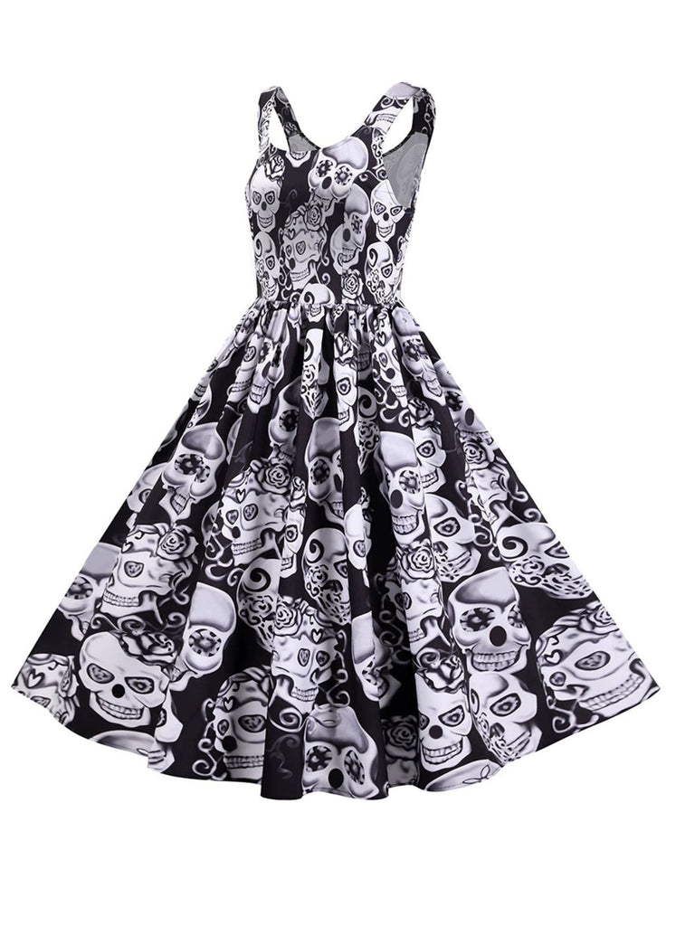 1950er Halloween Schädel Ärmellos Swing Kleid