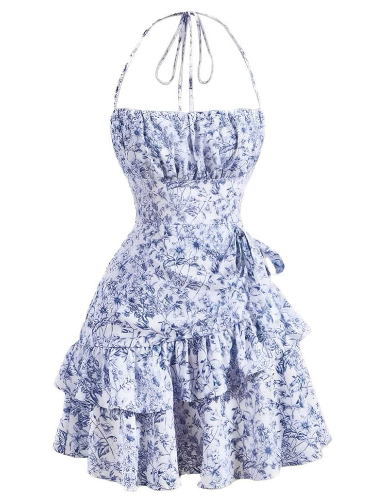 1970er Halter Abgestuft Rüschen Blumen Kleid