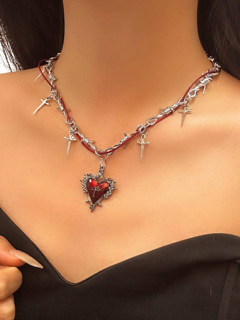 Vintage Weinrot Herz Kreuz Halskette