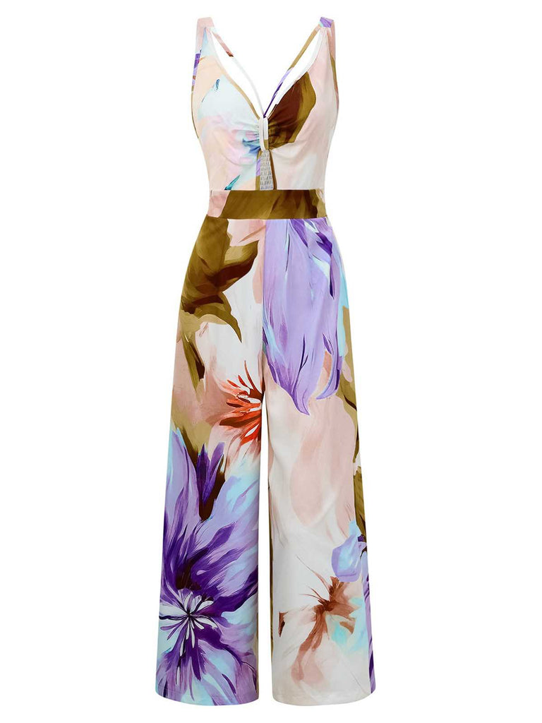 1970er Träger V-Ausschnitt Blumen Gesmokt Jumpsuit