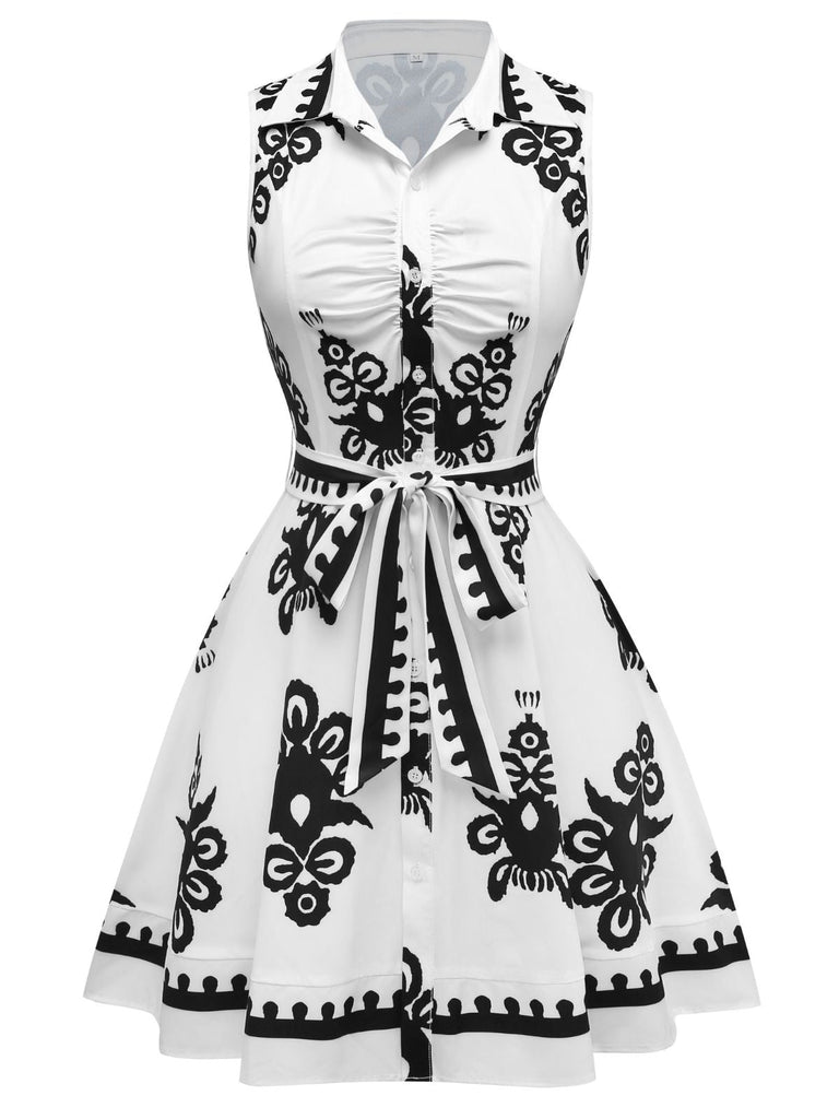 Weiß 1950er Hemdkragen Ärmellos Gürtel Kleid