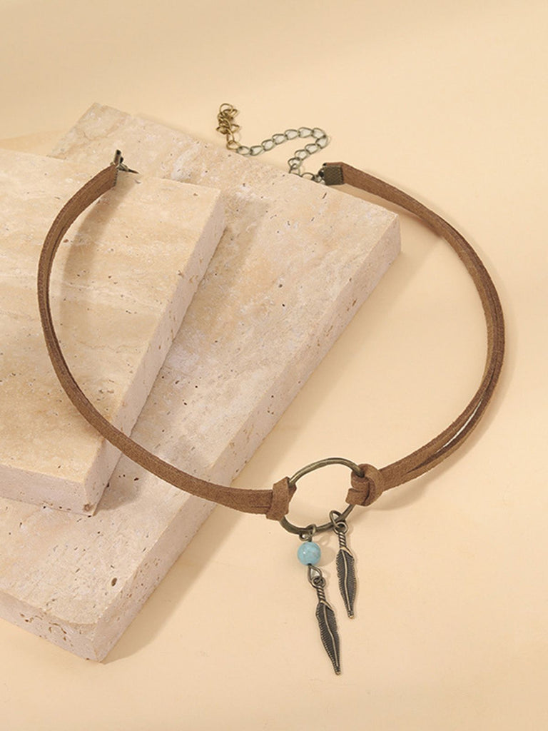 Leder Halsband & Feder Traumfänger Quasten Ohrringe Set