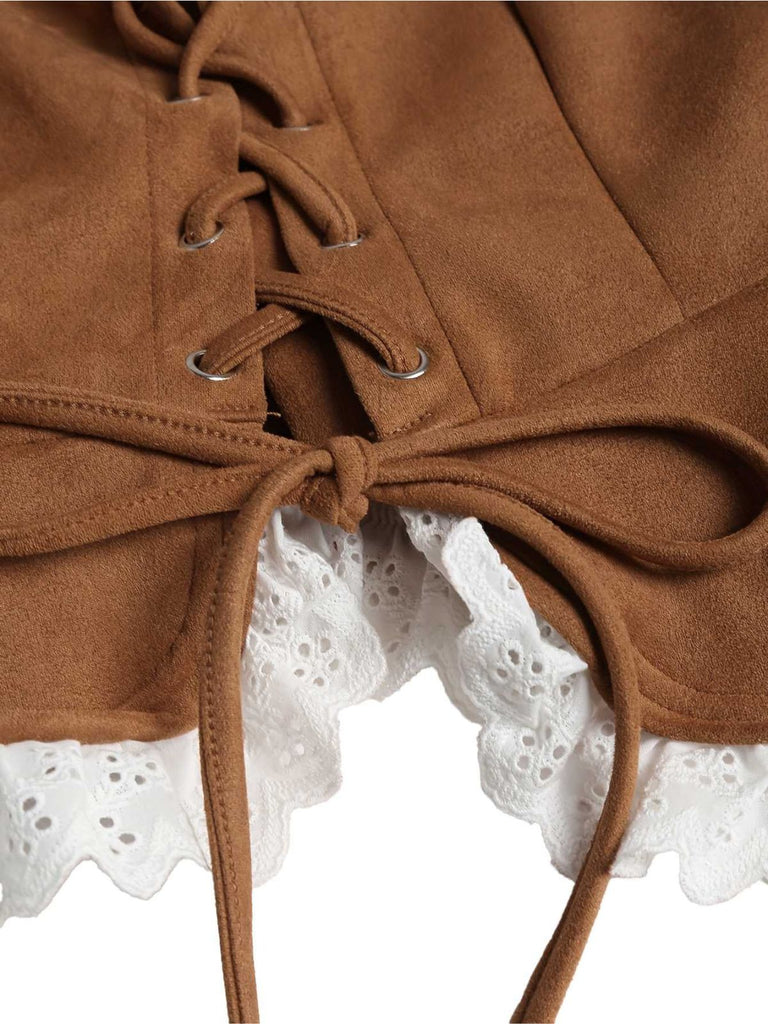 Braun 1950er Schnürung Wildleder Spitze Korsett Top