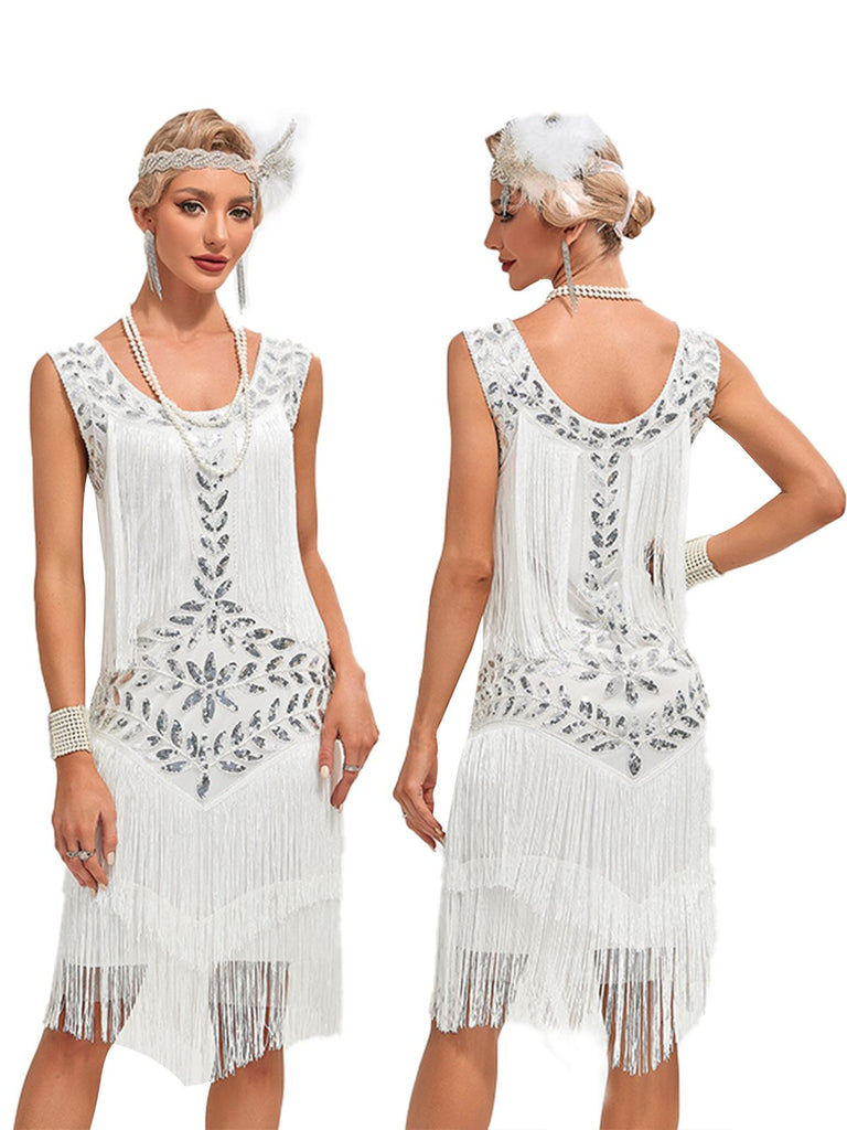 Beige 1920er V-Ausschnitt Paillettenbesetztes Mesh kleid