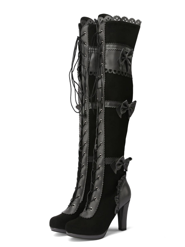 Vintage Bogen Schnürung Lange Stiefel mit hohem Absatz