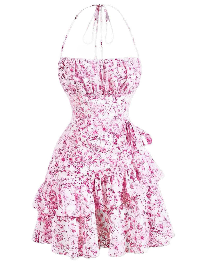 1970er Halter Abgestuft Rüschen Blumen Kleid