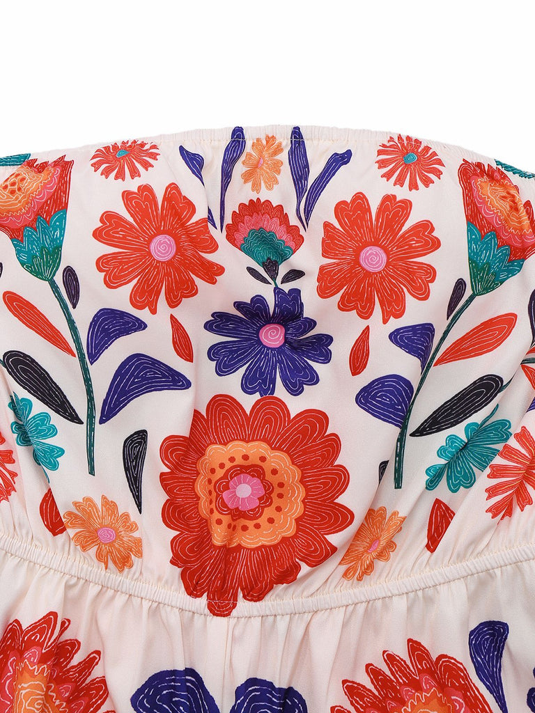 Multicolor 1960er Blumen Bandeau Rückenfrei Romper