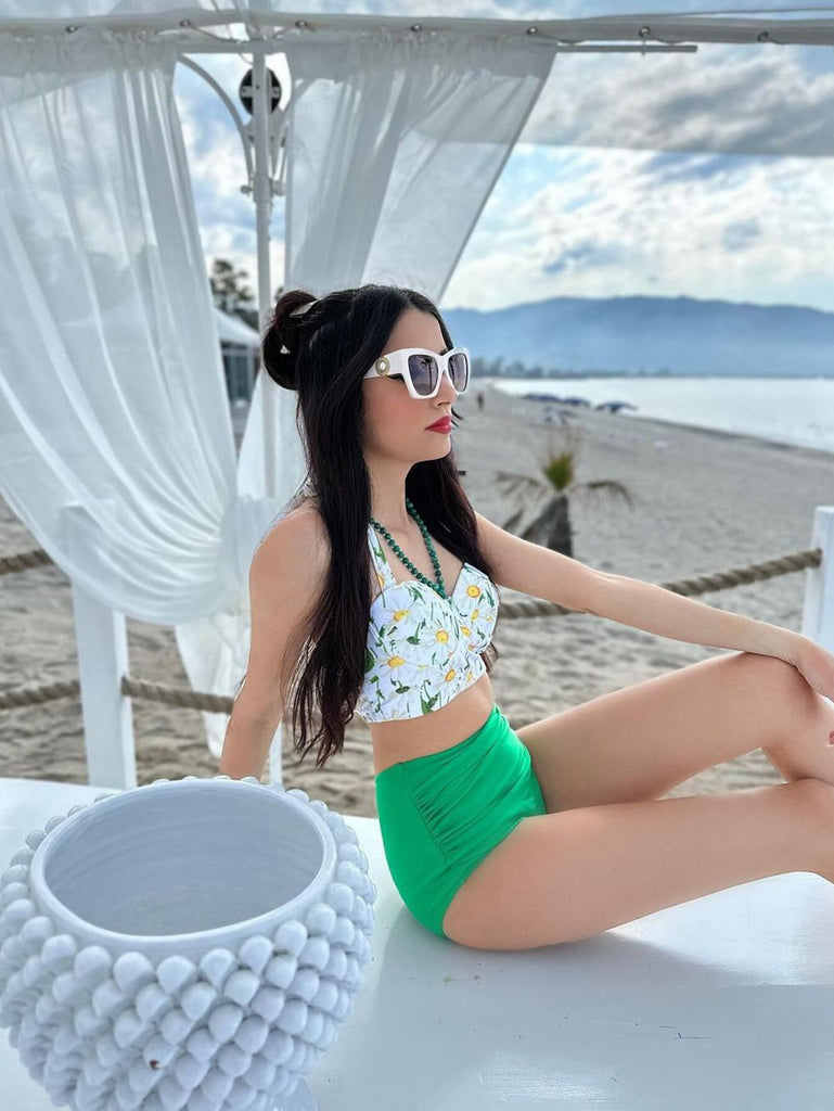 Grün 1950er Gänseblümchen Halter Bikini Set