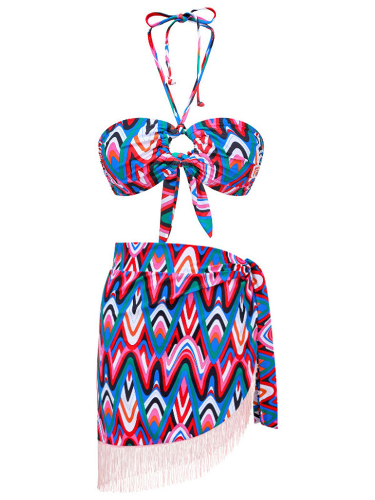 2PCS 1970er Fransendruck Schnürung Halter Bikini Set & Cover-Up