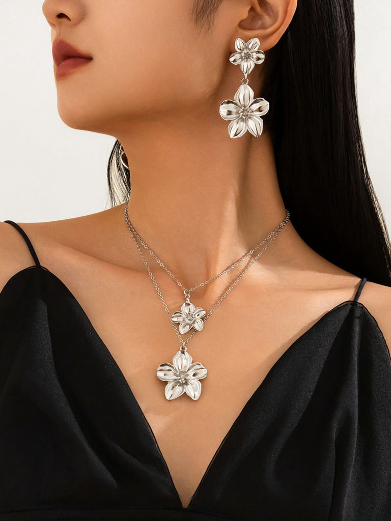 Blumen Doppelte Schlüsselbeinkette & Ohrringe Set