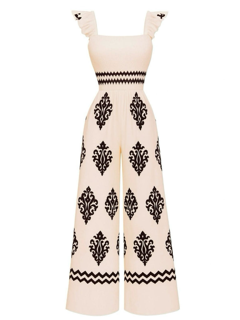 1970er Boho Geometrisch Quadratischer Hals Jumpsuit