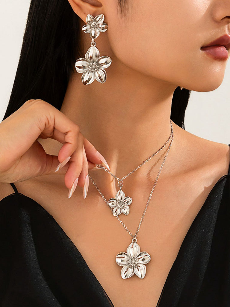 Blumen Doppelte Schlüsselbeinkette & Ohrringe Set