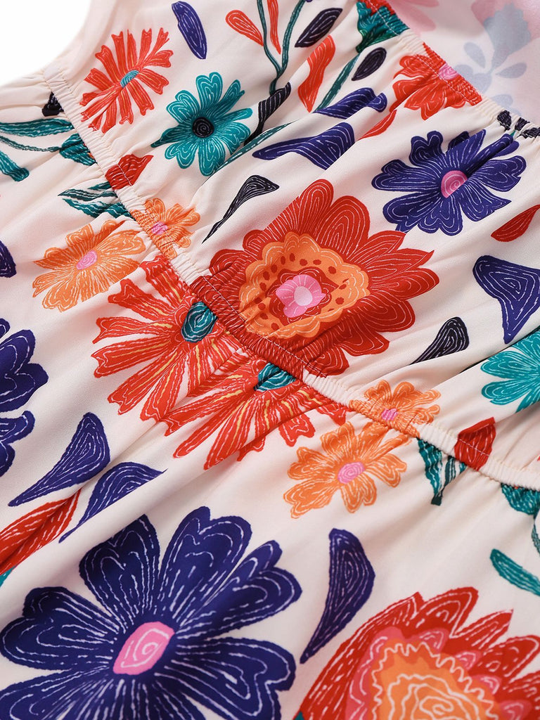 Multicolor 1960er Blumen Bandeau Rückenfrei Romper