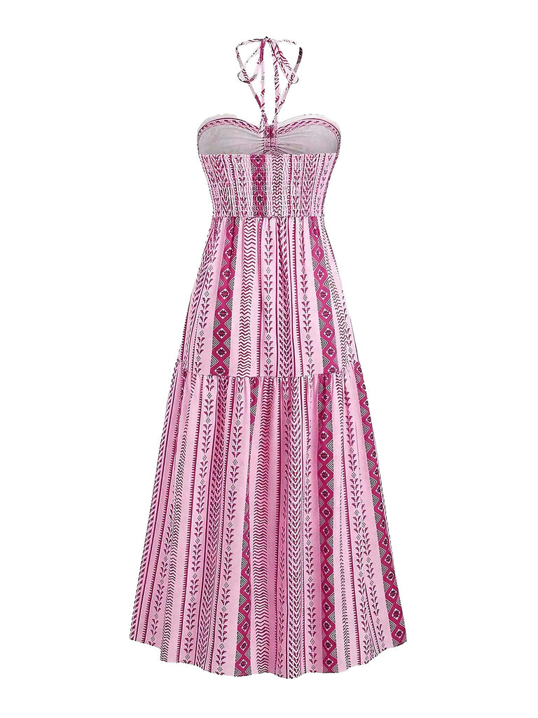 1970er Boho Halter Ethnisch Drucken Kleid