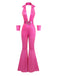 Rosa 1970er Metallisch Tief V-Ausschnitt Disko Jumpsuit