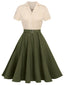 Khaki Grün 1950ER Patchwork V-Ausschnitt Kurzarm Swing Kleid